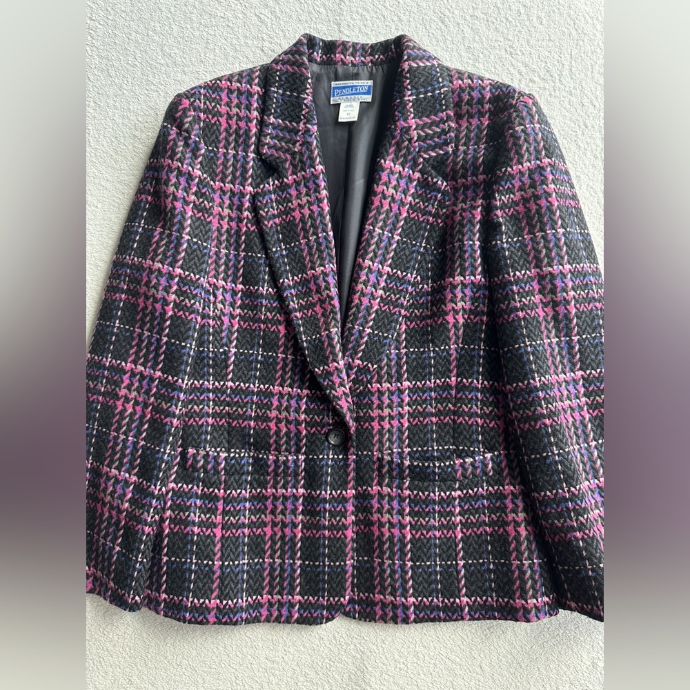 Pendleton Women’s Wool Checkered Jacket Blazer size 10 USA Made pink black plaid - Picture 2 of 12